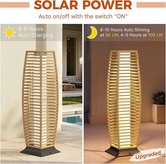 Grand patio Outdoor Floor Lamp Solar Lantern, Water-Resistant Natural Wicker Boho Patio Light with 50/100 Lumens Dual Brightness & Memory Mode for Garden Porch Deck Decor, Large Crossover Natural