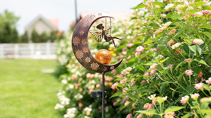 TERESA'S COLLECTIONS 2 Pcs Fairy Moon Garden Accessories for Yard Decorations Outdoor, Solar Lights for Garden Decor Outside, 40" Metal Yard Stake Pathway Lights for Patio, Gift for Christmas