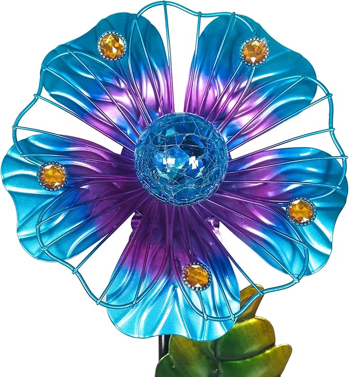 Adeco Flower Solar Lights Outdoor Garden Decor 35 inch Metal Garden Stake Lights with Crackle Globe Glass and Large Solar Panel Waterproof for Ground Patio Lawn Courtyard Flowerbed