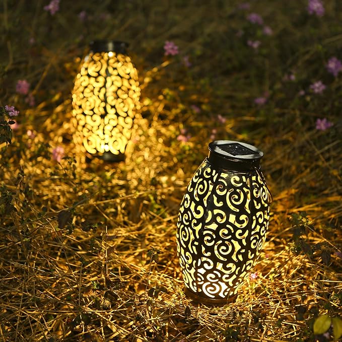 2 Pack Metal Hanging Solar Lanterns - Outdoor Solar Powered Lanterns with Handle, Waterproof, Decorative Garden Lights for Patio, Yard, Pathway, Walkway, Porch