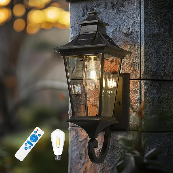 Emliviar Solar Exterior Front Porch Light with Remote Control, 3 Lighting Modes Waterproof Solar Wall Lantern, Auto | Lumora