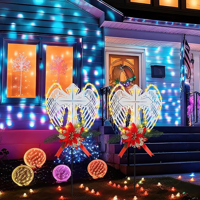 Baquler 2 Pack Christmas Solar Cross Wings Stake Lights 32" Christmas Cemetery Grave Decorations with Poinsettia for Xmas Cemetery Memorial Outdoor Yard Pathway Garden Lawn Decorations