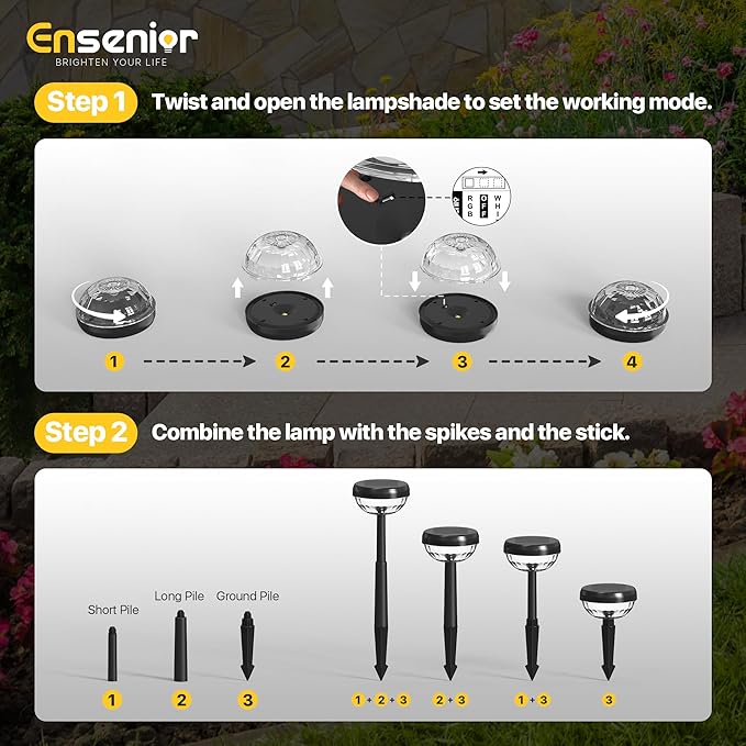 Ensenior Solar Pathway Lights IP65 Waterproof, RGB Color Changing & 3000K Warm White, 8-16Hr Runtime, Flower | Lumora