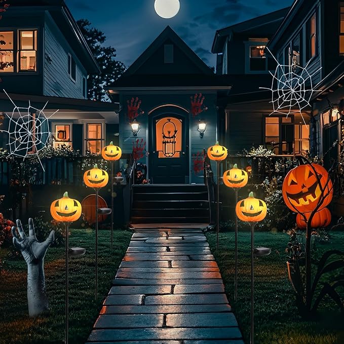 Bshine Solar Garden Lights Pumpkin Halloween Decorations, Outdoor Hand Blown Glass Pumpkin Metal Stakes Waterproof Garden Decor Patio Path Decorative Lights for Halloween Party, Fall Festivals, 2 Pack
