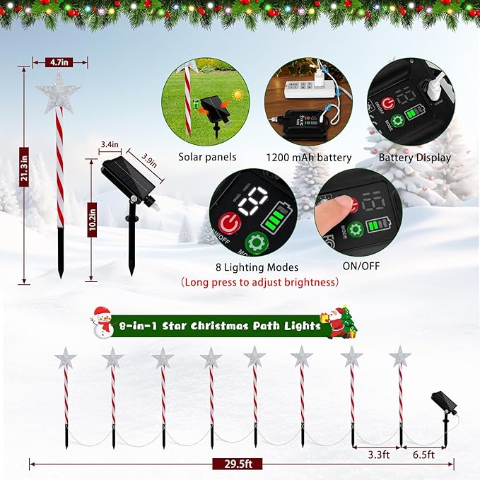 Outdoor Christmas Decorations Lights, 8 Pack RGB Solar Candy Star Path Lights with 8 Modes, Solar Christmas Lights Outdoor Waterproof, LED Xmas Outside Lights for Garden Path Yard Decor (Star)