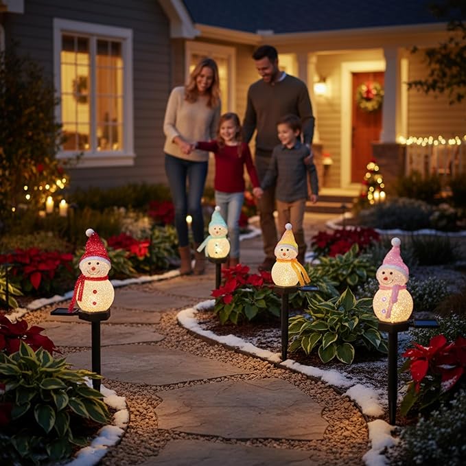 Solar Christmas Snowman Pathway Lights Outdoor Decor, 4pcs Waterproof Snowman Stake Landscape Lights, Solar Powered | Lumora