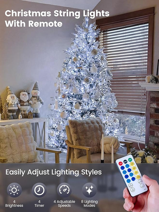 Hopolon String Lights Indoor Outdoor, 33 FT 100 LED Connectable Green Wire Twinkle Fairy Lights, Plug in Christmas Light Waterproof for Wedding Party Patio Spring Decor (Cool White with Remote)