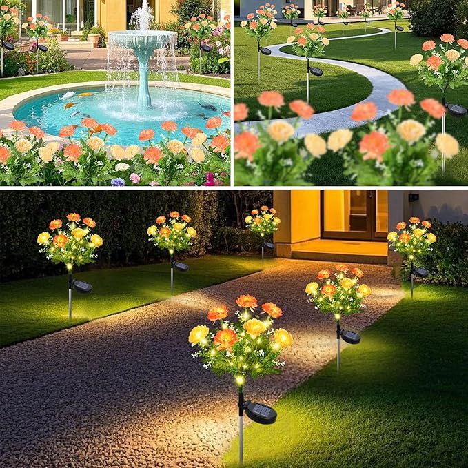 2 Pack Solar Flower Lights Outdoor - 14 Blooming Waterproof Snow Lotus Garden Lights for Festive Patio, Yard, Pathway, and Landscape Decoration - Auto On/Off, IP65