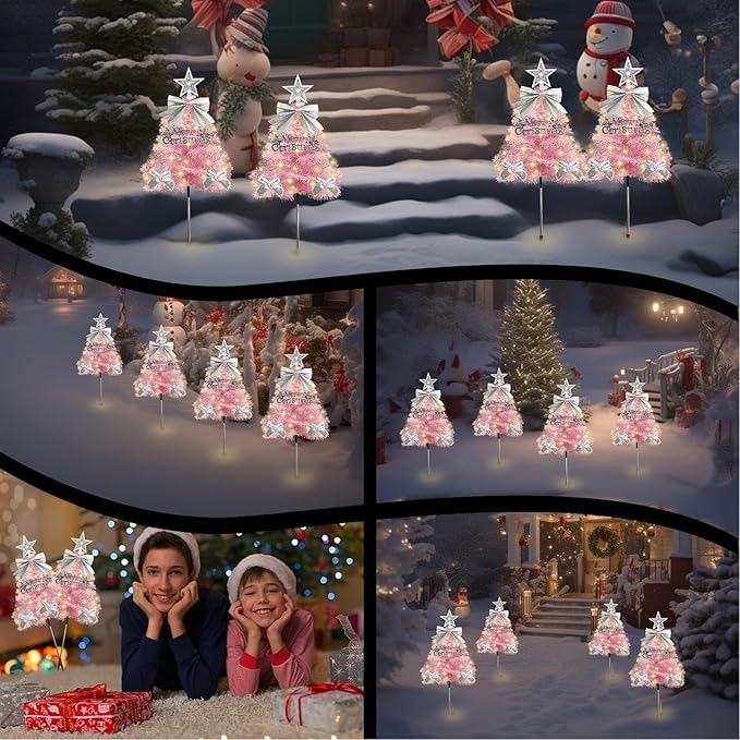 4 Pack Christmas Tree Solar Pathway Lights Outdoor Decorations, Waterproof Artificial Mini Xmas Tree Stake Lights with DIY Ornamets for Garden Yard Porch Decor (Pink Tree)