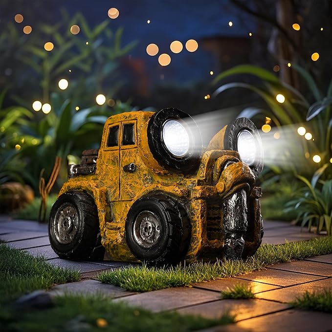 Garden Statue Outdoor Construction Truck Decor with Solar Light Decoration for Yard Patio Lawn Vintage Engineering Decor Gifts for Men