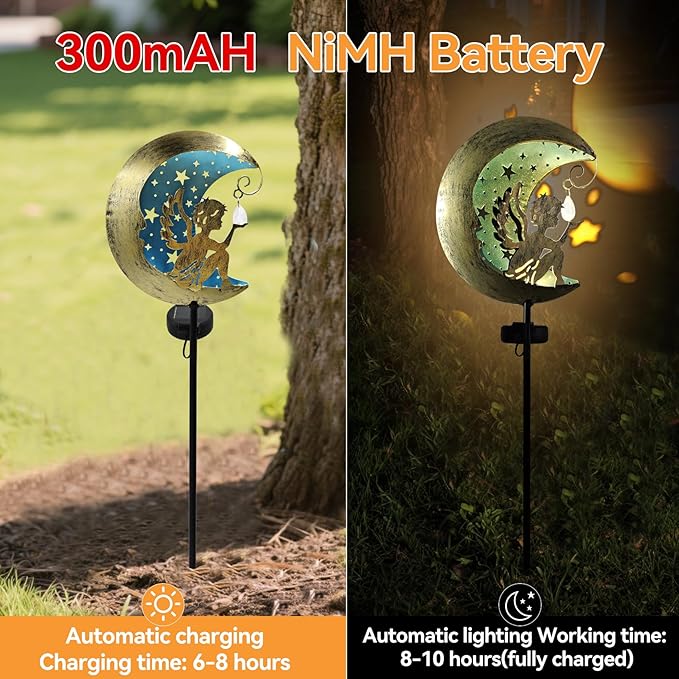 Solar Peacock + Moon Angel Garden Stake Lights Outdoor, Waterproof Metal Glass Decorative Landscape Path Lights with Stake Easy Install for Pathway Patio Lawn Yard
