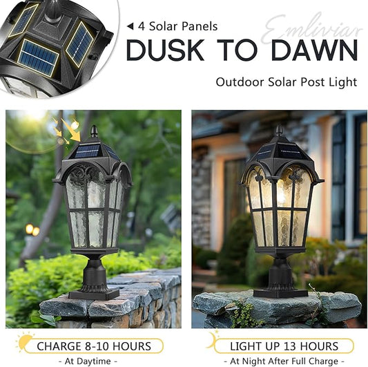 Emliviar Outdoor Solar Lamp Post Light in Black Finish, 22.1" Large Outdoor Lighting with Water Grain Glass Shade for Patio, Vintage Post Lantern LED Bulb Included with Remote Control, YXE302MP-SL BK