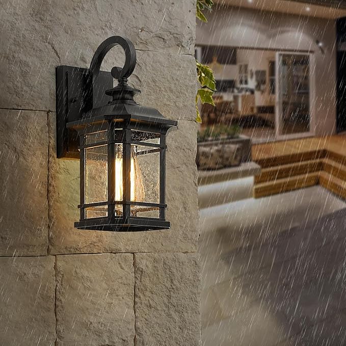 Emliviar Outdoor Wall Lantern Lights, 1-Light Exterior Wall Sconce Lamp, Black Finish with Clear Seeded Glass | Lumora