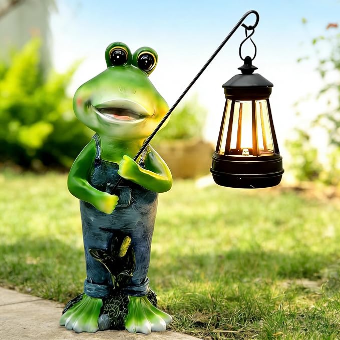 Solar Lantern Garden Statues Decor, 10" Large Outdoor Frog Figurine Lights for Yard Patio Decoration - Unique Christmas Housewarming Gift for Grandma Wowen Mom