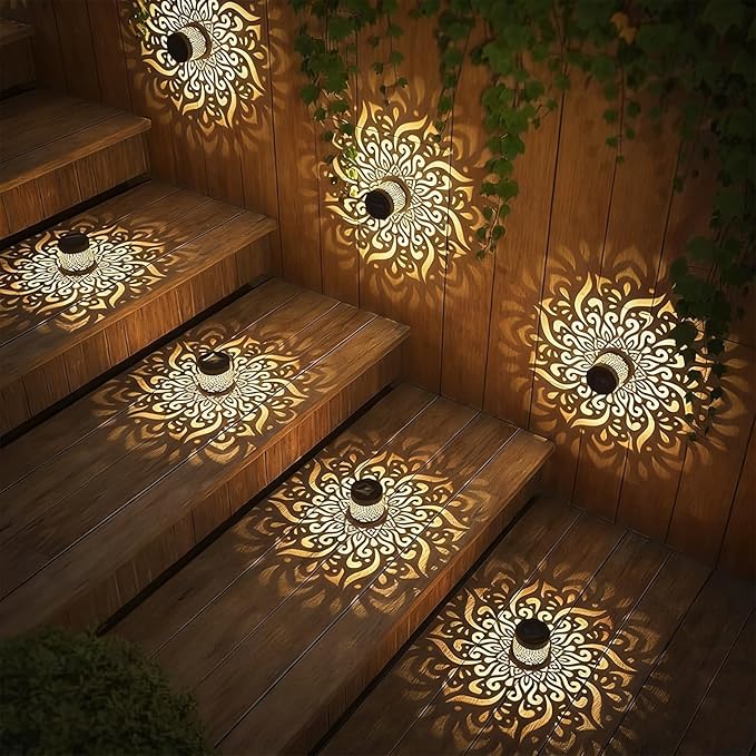 Decorative Solar Mandala Lights, Solar Mandala Lights Outdoor, Metal Waterproof LED Lamp for Garden Fence, Deck Steps, Patio Walls, Outdoor Landscape (1, Mandala Warm Light)