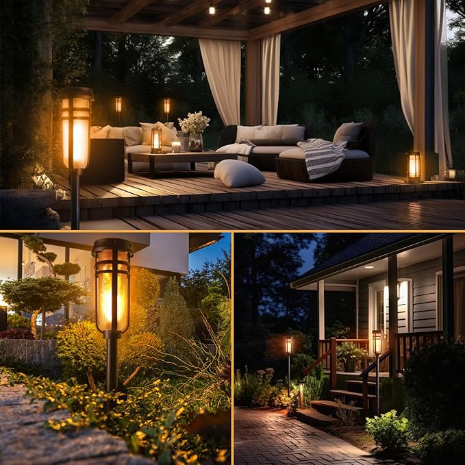 Metal Solar Torch Lights - Adjustable Height (24" - 50"), Outdoor Garden Decor with Patented LED, Waterproof Solar Tiki Torches for Yard, Patio, Garden Pathway, Matte Black – 4 Pack