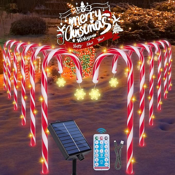 Candy Cane Lights Christmas Decorations, 12 Pack Solar Candy Cane Pathway Lights with 8 Modes and Timer, 72 LED | Lumora