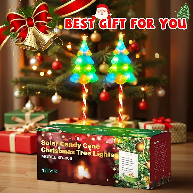 25" Larger Outdoor Christmas Decorations, 12 Pack Colorful Solar Candy Cane Christmas Tree Lights with 10 Lighting Modes and Bright 204 LED, Waterproof Solar Christmas Tree for Pathway Yard