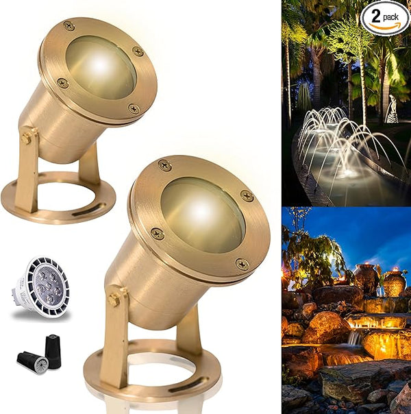 Waterproof Underwater Light 113 (2 Pack) Solid Brass 7W MR16 LED Bulb Pond Submersible Waterfall Pool Fountain | Lumora