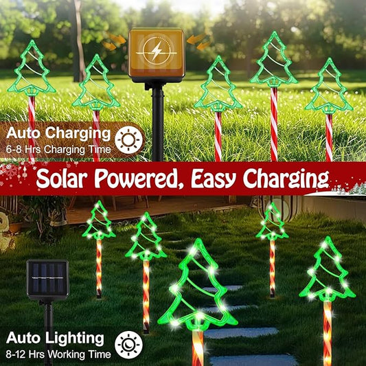 Lewondr Solar Christmas Pathway Lights, 5 PCS Solar Christmas Decorations Outdoor with 2 Lighting Modes, Green Xmas Tree Lights with Red Pole and Garden Stake, Waterproof Yard Lawn Patio Holiday Decor