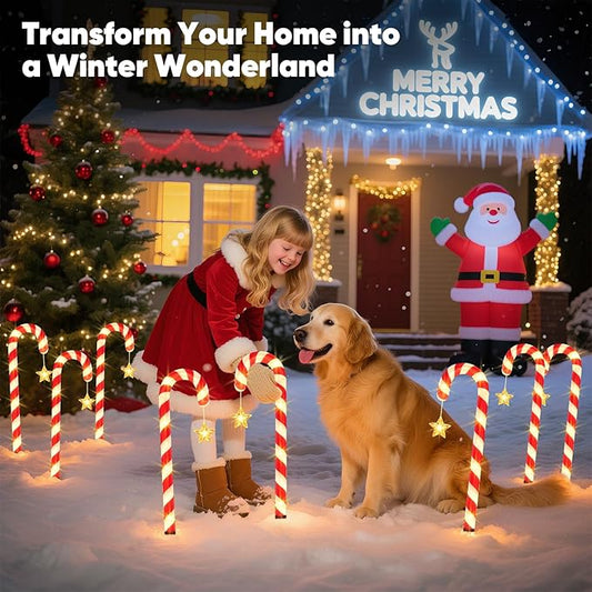 Solar Christmas Lights Outdoor Waterproof: 24-Pack Solar Candy Cane Christmas Decorations Outdoor Pathway Lights with Stakes 10 Modes, 144 LED Xmas Decorations for Yard Garden Holiday Decor
