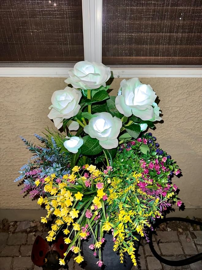Solar Garden Lights Outdoor: 10 Waterpoof Artificial Rose Flower 2 Pack - White LED Landscape Lighting Fairy Decorations for Outside Yard Patio Lawn Jardin - Christmas Gifts for Mom Grandma