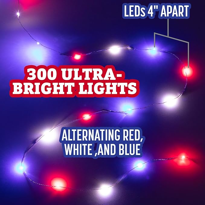 Red, White, & Blue USA Fairy String Lights (2 Pack) - 66ft / 20 m- Patriotic LED Outdoor Indoor Decorations for | Lumora
