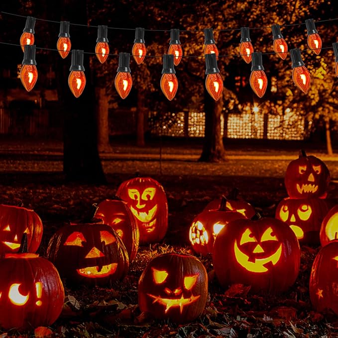 Abeja Orange Halloween Lights, 25FT Orange Flickering Lights String with 27 Flame Incandescent Blubs, Halloween | Lumora