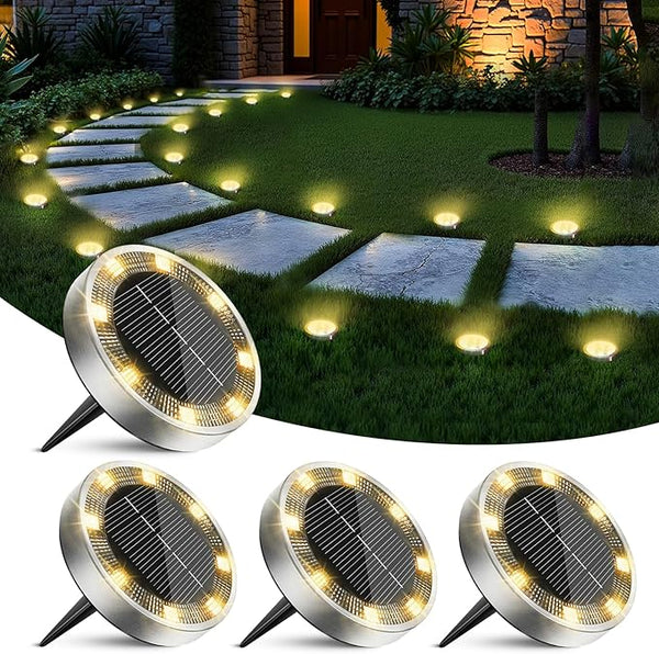 4 Pack Solar Ground Lights Outdoor, 8 LED Mini Flat Solar Disk Lights, IP65 Waterproof Anti-Rust Disc Light | Lumora