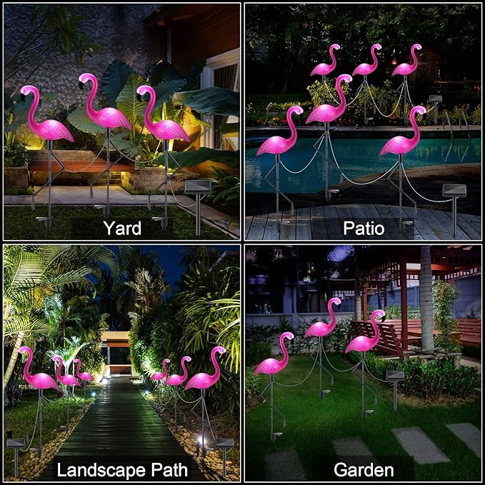 Geelin 9 Packs Pink Flamingo Solar Outdoor Light Decoration IP55 Waterproof Flamingo Solar Stake Lights LED Solar Powered Pathway Lights for Garden Yard Patio Lawn Walkway Driveway (Classic)