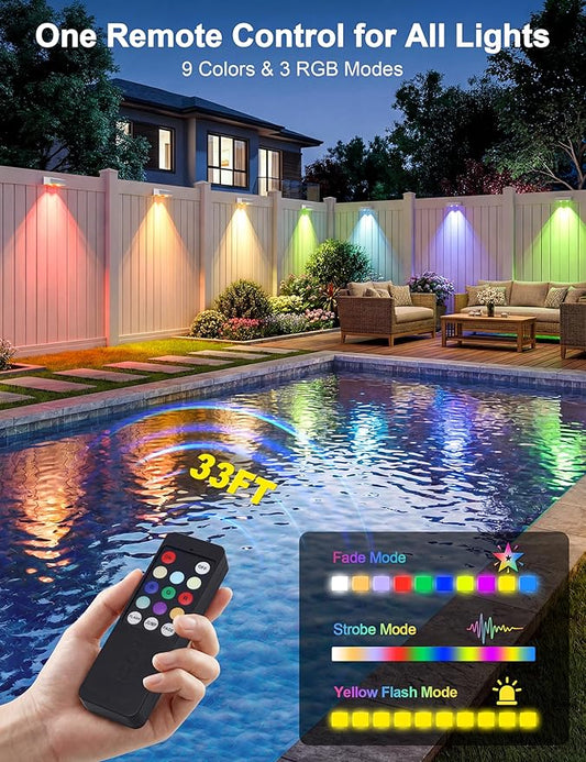 Fence Lights Solar Powered with Remote, 9 Fixed Colors & Color Changing White Fence Lights Waterproof IP65 Dusk-to-Dawn LED Deck Lighting for Patio, Railing, Pool, Porch, Backyard, 12 Pack