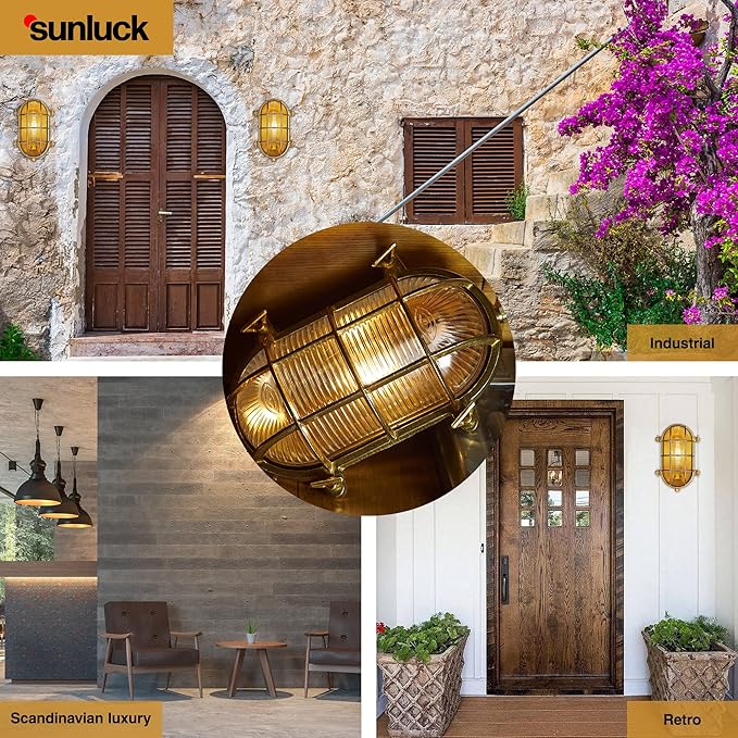 Sunluck Brass Bulkhead Light,Grid Oval Nautical Wall Light,Lampshade,Ceiling Mount Lighting,Sauna Light Waterproof | Lumora