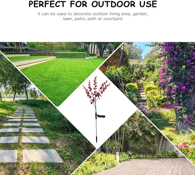 Cabilock Solar Eucalyptus Leaf Lawn Light Outdoor Solar Pathway Lamp Garden Decorative Flower-Shaped Patio Light with Dark Red Simulation Leaves