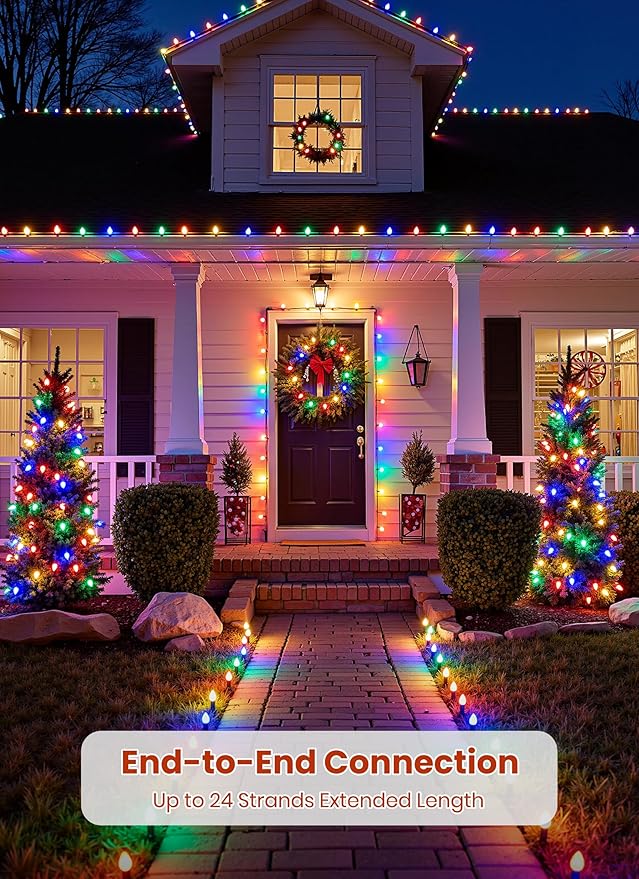 C9 LED Christmas Lights Outdoor, 68Ft 100 LED String Lights with Quick Clips, Commercial Grade Extendable Waterproof Outdoor Christmas Lights for House Outside Roofline Xmas Decorations, Multicolor