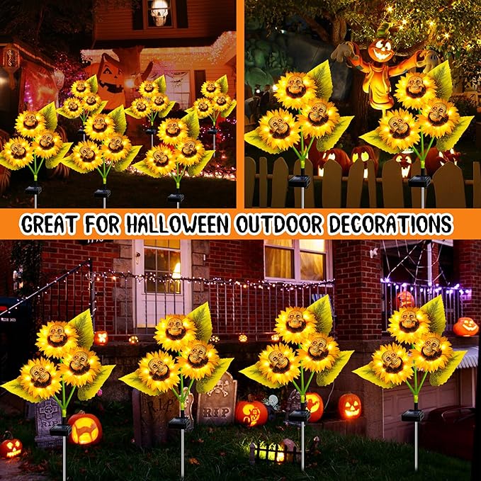 Halloween Decorations Outdoor, 4 Pack Solar Scary Skull Sunflowers Lights,Waterproof Solar Flowers Lights Garden Decor for Halloween Yard Patio Lawn Party Decor