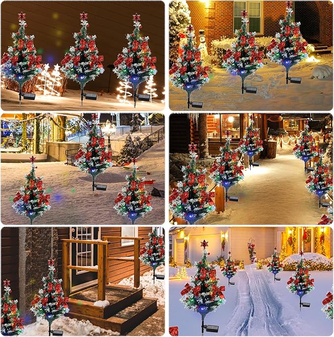 Solar Christmas Tree Light - Christmas Waterproof Small Pathway Lights, Outdoor Lights Christmas Decorations Cedar Xmas Tree with 20 LED Lights in 4 Colors for Garden/Yard/Patio, 4 Packs