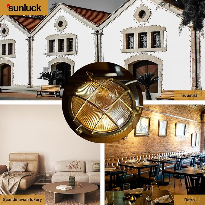 Sunluck Brass Bulkhead Light Grid Round Nautical Wall Lampshade,Ceiling Mount,Sauna Light Waterproof IP54,Rust | Lumora