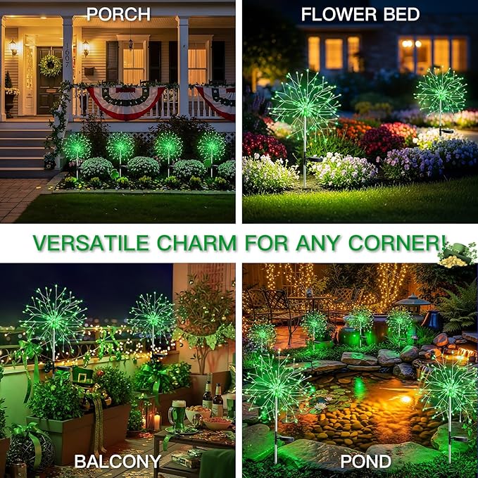 suddus St. Patrick's Day Decorations Solar Firework Lights - 150 LED Green Outdoor Garden Lights, 8 Modes DIY | Lumora