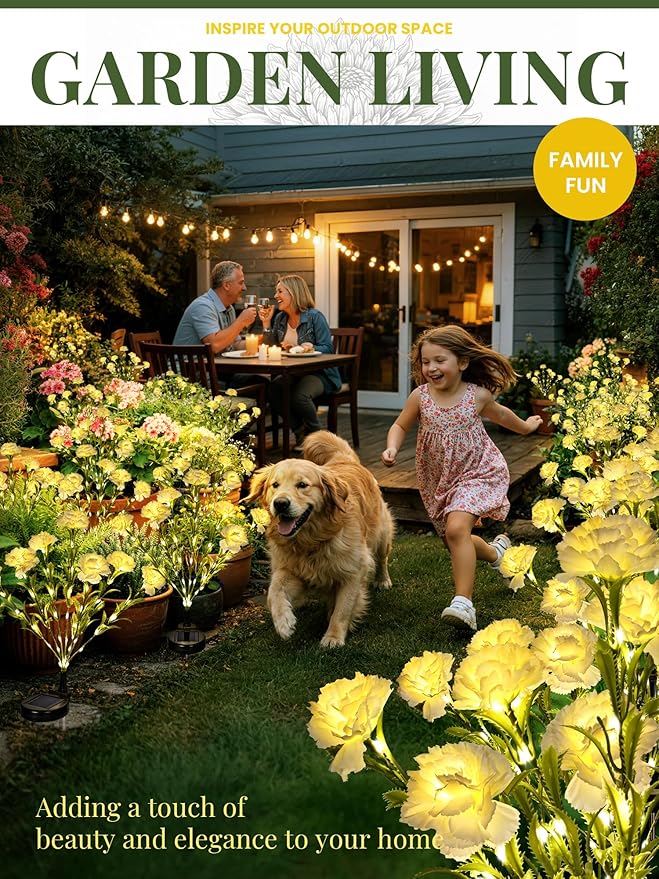 GIGALUMI Solar Lights Outdoor for Garden Decor, 4 Pack Solar Flower Lights Waterproof, 2 Lighting Modes 28 Carnation Flowers for Pathway,Yard, Patio Decoration, Gardening Gifts for Women (White)