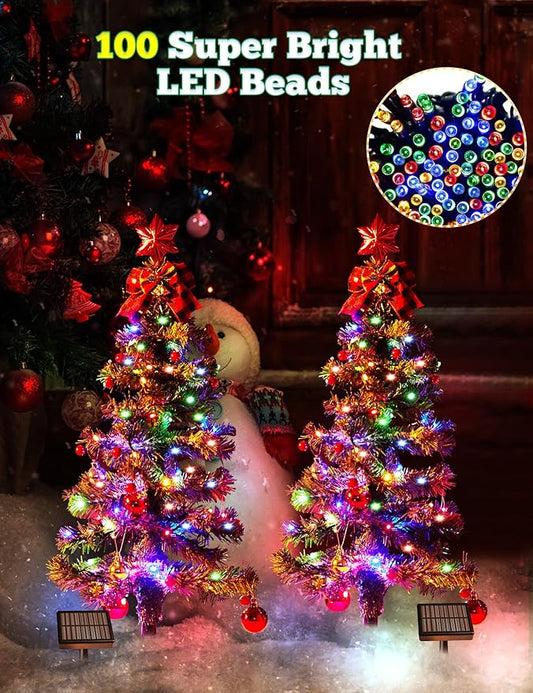 100LED Solar Christmas Tree Lights Outdoor Waterproof, 8 Modes Large Solar Christmas Trees Lights with Xmas Ball & Red Berry, Solar Powered Christmas Decorations for Outside Pathway Garden Yard Decor