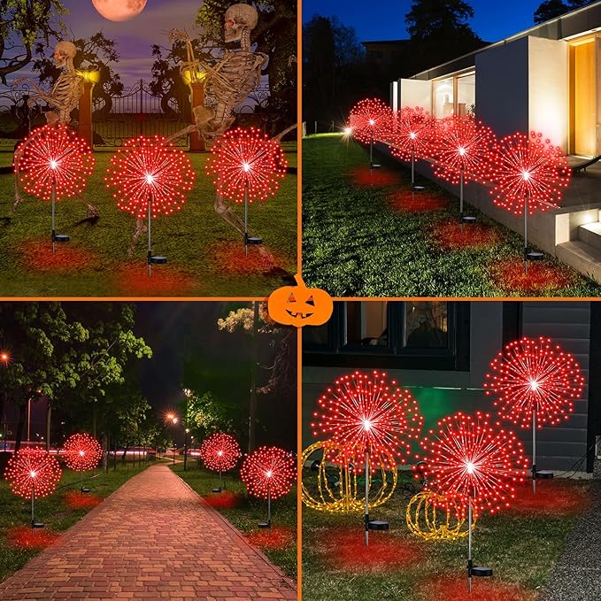 4th of July Decorations Outdoor 4 Pack Colored Solar Firework Lights with 180 LED Patriotic Solar Lights 8 Lighting Modes for Yard Pathway Garden Patio Party Decorations(Red)