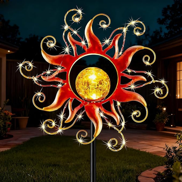 Solar Lights Outdoor Waterproof Red Sun Metal Crackle Glass Stake Decorative for Outside,Yard,Lawn,Patio,Walkway | Lumora