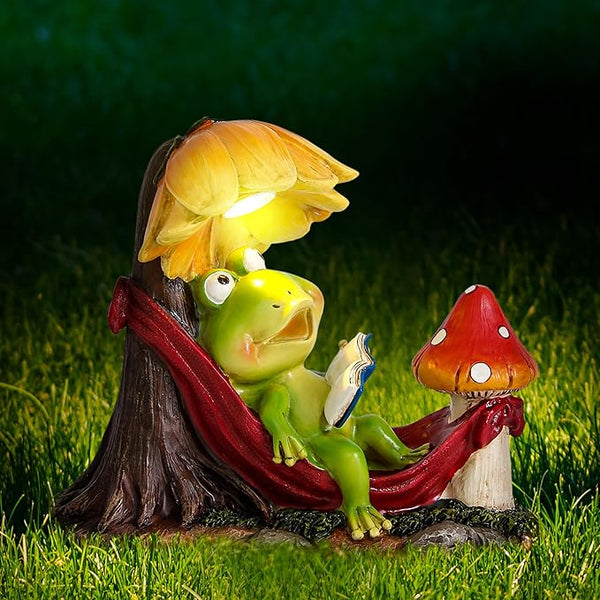 Leekung Solar Frog Garden Decor,Frog Statue with Solar Light for Outdoor Decorations,Reading Frog Figurine Garden | Lumora
