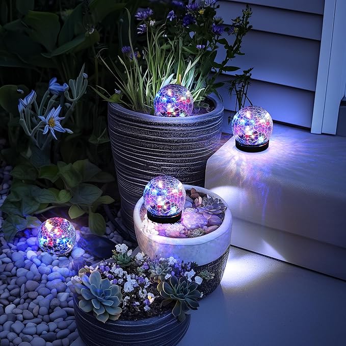 Solar Lights Outdoor for Yard Patio Porch, Garden Decor Birthday Gifts for Mom Women, Solar Globe Lights Waterproof Cracked Glass Ball Outdoor Decorations Balcony Backyard (2 Pack Multicolor)