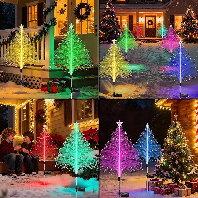 Solar Christmas Decorations Outdoor, 4 Pack 38.5 Inch 7 Color Changing Jellyfish Light with 5 Layer Optical Fiber, Solar Star Flower Light for Yard Garden Pathway Xmas Tree Ourside Decor
