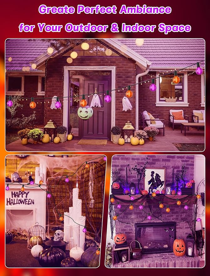 50ft Halloween Outdoor String Lights, G40 LED Halloween Globe Lights with 27 Frosted Orange and Purple Bulbs(2 | Lumora