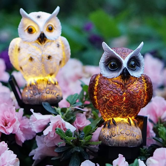 2 Pack Garden Solar Light Outdoor Decor, Resin Owl Solar LED Light with Stake, Animal Waterproof Light for Flower Fence Lawn Passage Walkway Courtyard Party Decoration, Owl (White+Brown)
