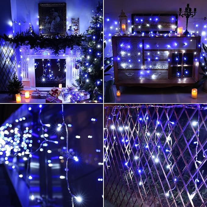 Joomer Christmas Icicle Lights - 19FT Outdoor String Lights Waterproof, 8 Modes Timer Connectable Plug-in String Light for Christmas Party, Eaves, Roofs, Xmas Decorations (White+Blue)
