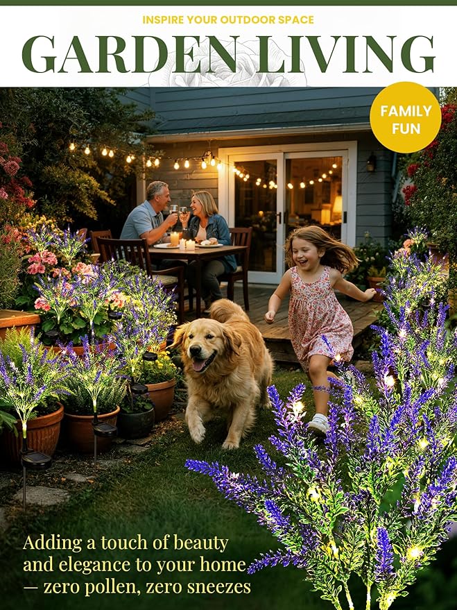 GIGALUMI Solar Garden Lights with Lavender, LED Garden Decor Carefree Solar Flowers Outdoor Waterproof, Yard Decorations Outdoor, Allergy-Free Everlasting Light up Flowers for Yard Patio (Set of 3)