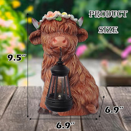 Garden Highland Cow Statue Solar Outdoor Decor with Flower Decoration,Funny Triple Highland Cow Decor Birthday Gifts for Women Mom,Highland Cows Figurine for Yard Garden Patio Lawn Ornaments